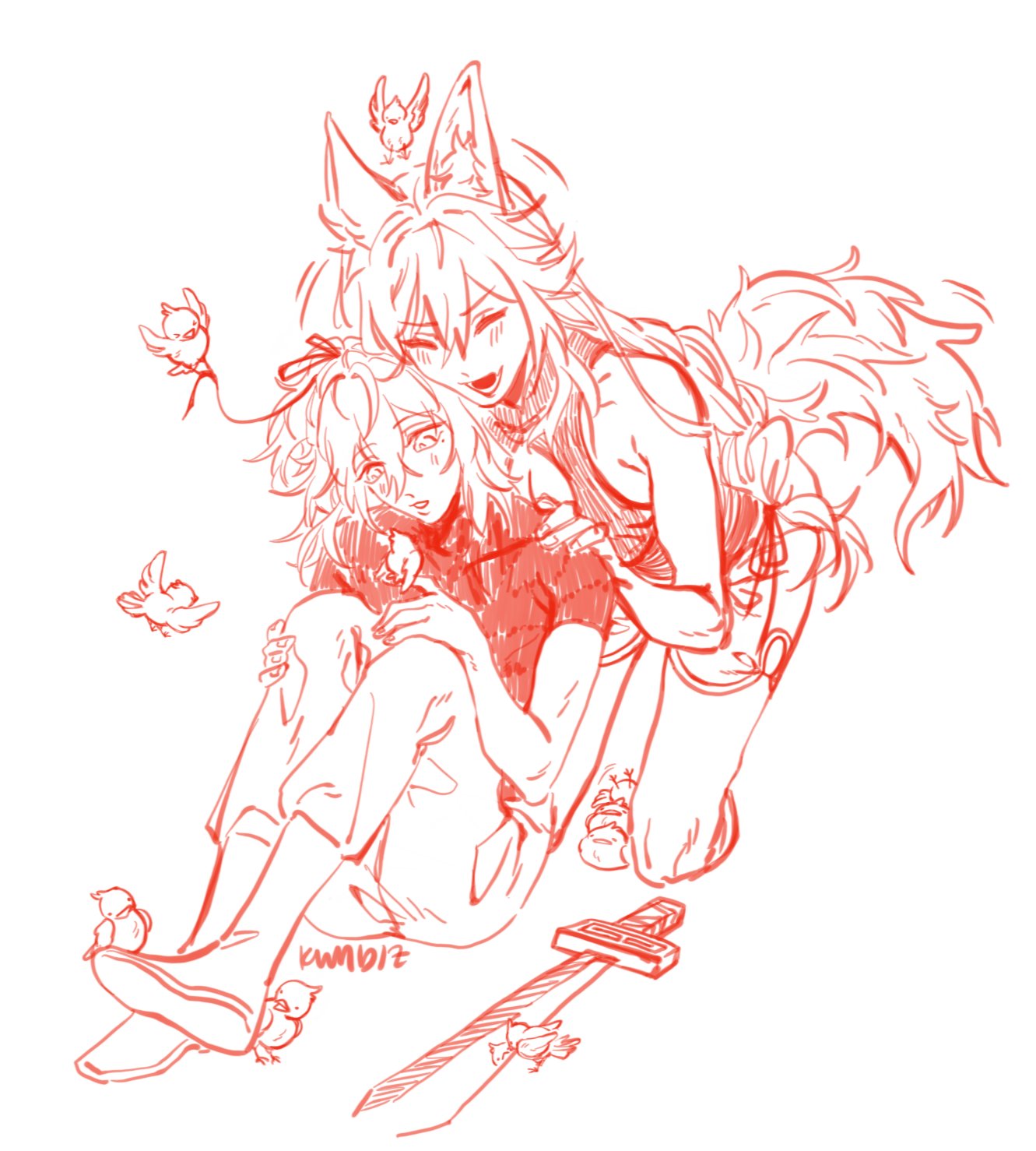 the image is a digital drawing in red color, a sketch. it shows two female characters, one of them with a foxlike face and pointed ears. she is hugging the other girl who is crying. the foxlike girl is smiling and is showing care and affection. the background is plain white except for birds flying around. the girl with foxlike ears has her tail curled around her waist and her hair flowing down her back. there is a sword lying next to the girls, a small detail. the image is likely a drawing of a scene from a fantasy anime or manga. it shows the bond of friendship between the two girls. the image evokes a sense of warmth and love. it's a lovely illustration for a manga or anime.