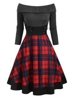 a women's offtheshoulder dress with long black sleeves, a black top and a red and black plaid skirt. the dress has a black trim and a black laceup detail at the waist.