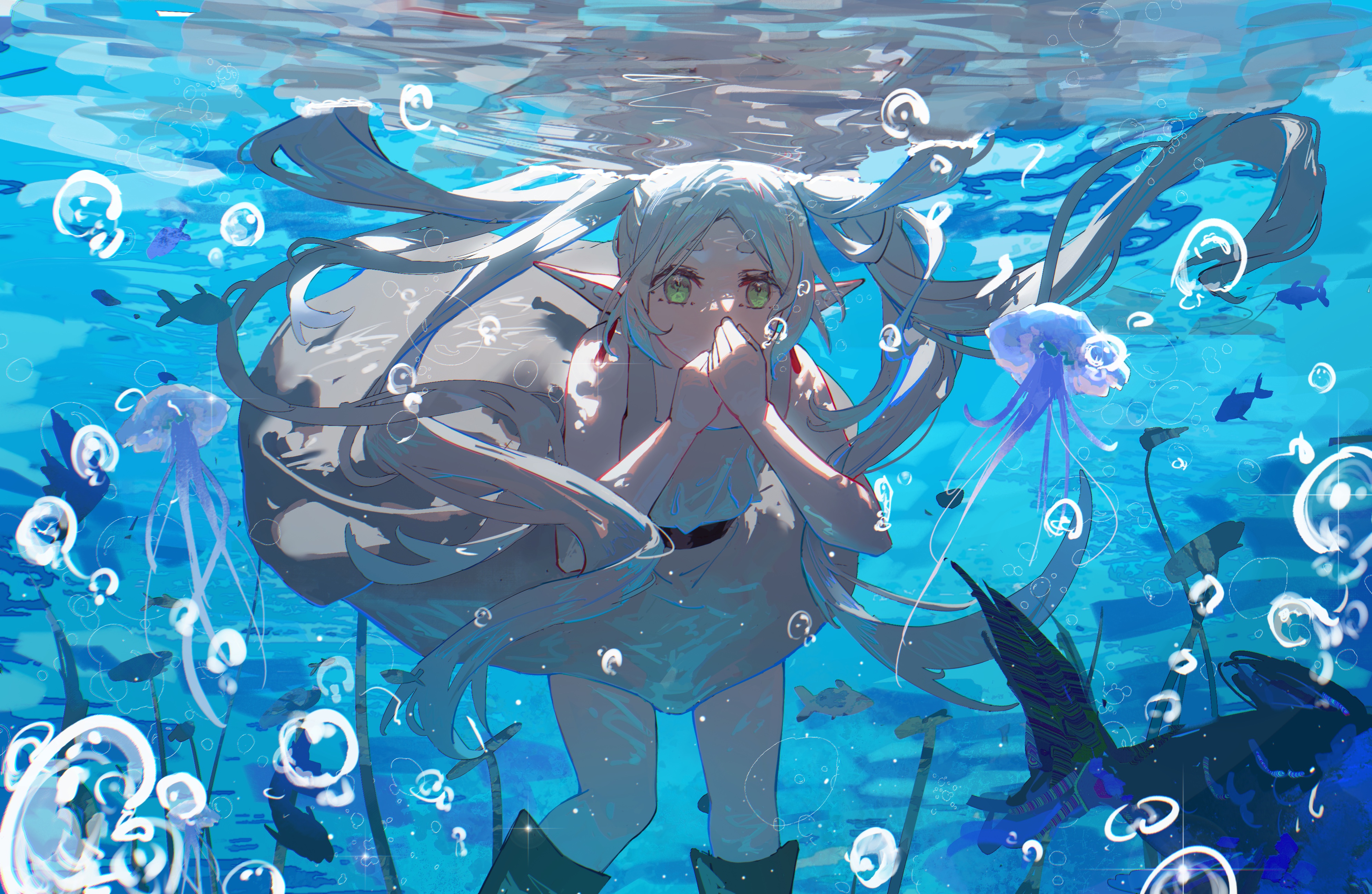 an anime girl with long white hair, elf ears, and green eyes is underwater. she is wearing a white dress and black boots, and her hands are covering her mouth. there are jellyfish, bubbles, and fish surrounding her in the turquoise blue water. the scene depicts an underwater environment.
