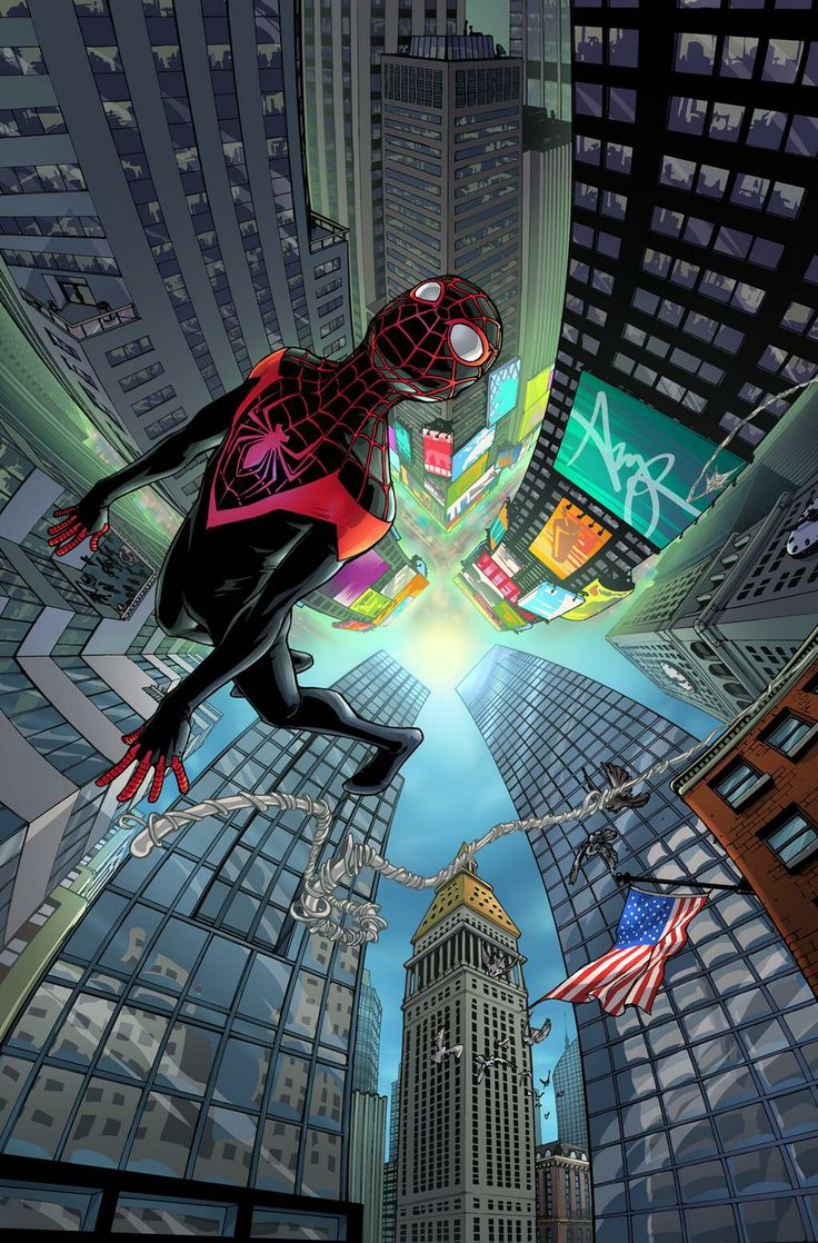 this image is a comic book illustration of miles morales, the spiderman from the marvel universe. he is swinging through the new york city skyline, his red and black costume clearly visible against the backdrop of the towering skyscrapers. the scene is dynamic and actionpacked, capturing miles in midswing, with a web line connecting him to a nearby building. the city is full of detail, with numerous windows and neon signs adding to the bustling atmosphere. the american flag hangs proudly in the background, a symbol of the city's spirit and miles's american identity.