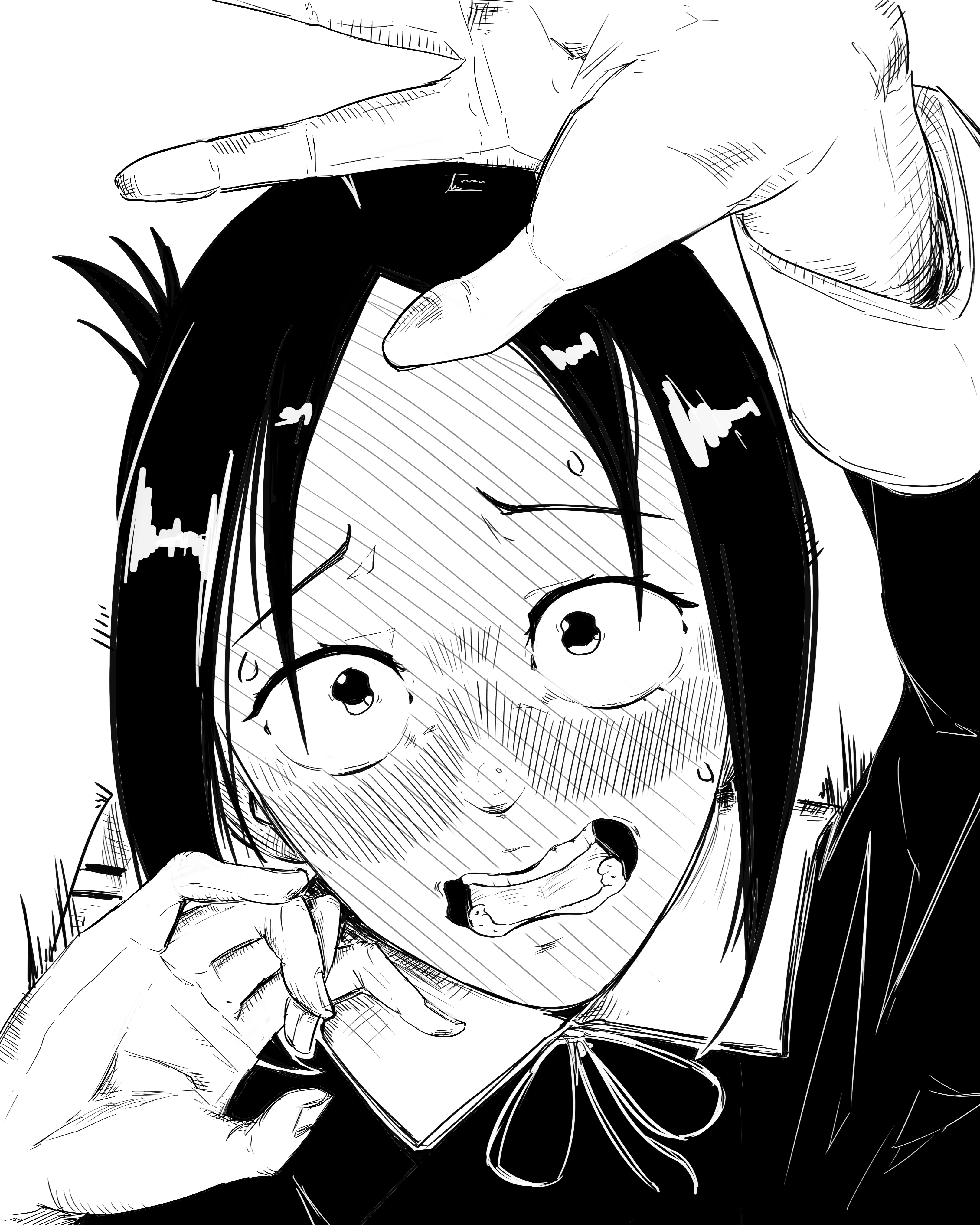 a black and white drawing of a young woman with short black hair and a white collar. she has her mouth open in a silent scream and her eyes are wide with fear. the expression on her face is one of intense fear. there is a hand extended above her, and the background is black. the overall tone of the illustration is one of fear and tension.