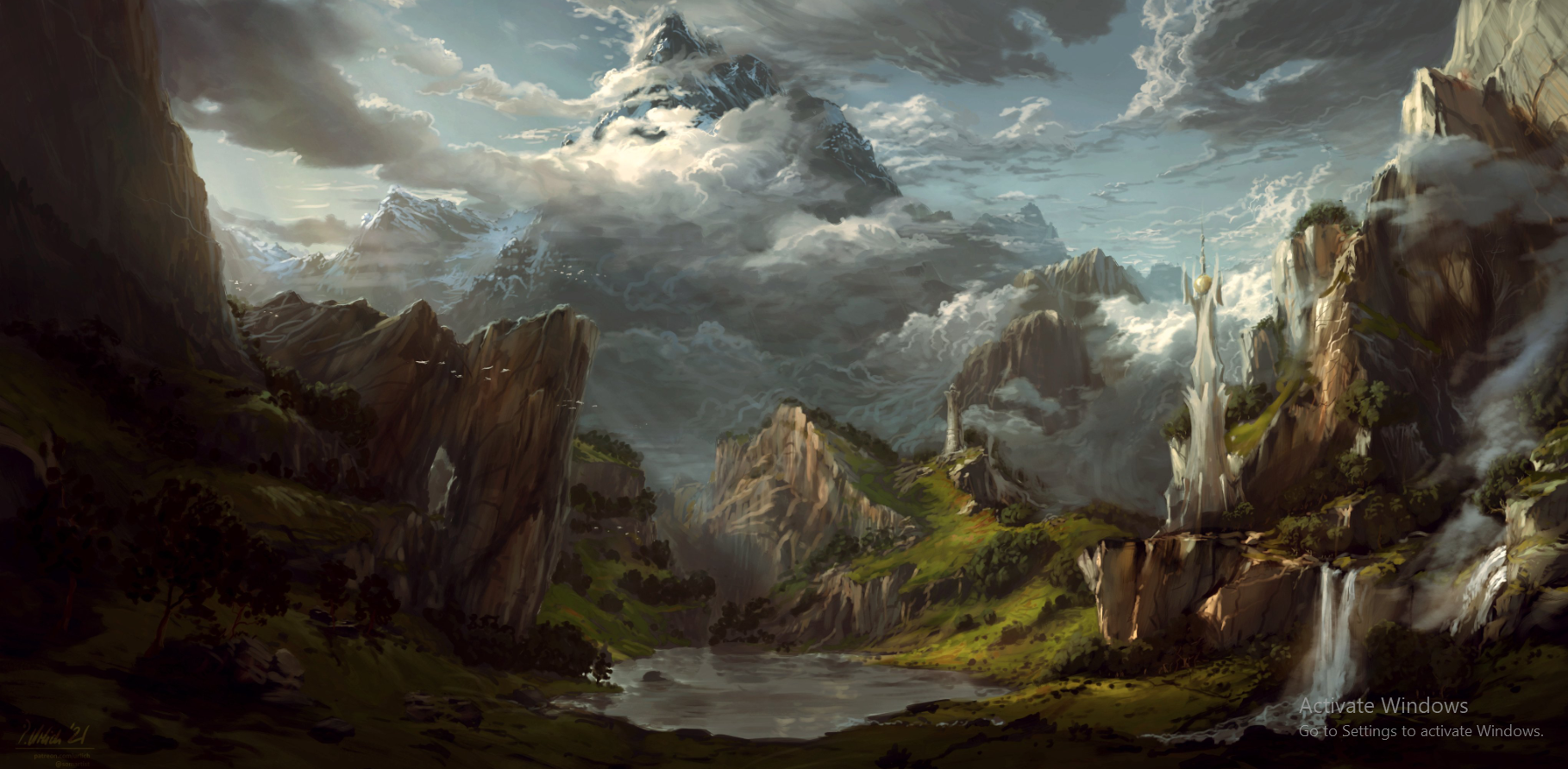 the image depicts a breathtaking fantasy landscape.  a majestic, snowcapped mountain dominates the background, shrouded in thick, swirling clouds.  in the foreground, a verdant valley unfolds, featuring a tranquil lake or river meandering through it.  steep cliffs and rocky formations create a dramatic backdrop, while waterfalls cascade down their sides. lush greenery and scattered trees cover the valley floor.  a tall, slender tower, reminiscent of a castle or spire, stands proudly on a cliff overlooking the valley. the overall atmosphere is serene yet powerful, evoking a sense of wonder and mystery. the lighting suggests a time of day just after sunrise or before sunset, casting a soft, ethereal glow on the scene.  the level of detail and artistic skill is evident in the realistic rendering of the landscape elements.