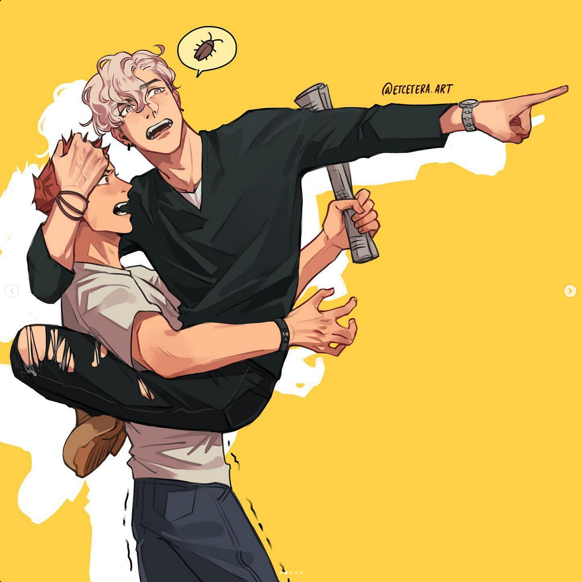 the image shows two young men in a dynamic pose against a bright yellow background. the man on the bottom is carrying the other, who's pointing at something offscreen in mock terror. a small cockroach icon above him suggests the source of his fear. the man being carried has short blond hair and wears a brown vneck sweater. the man carrying him has orange hair and wears a ripped white shirt. the overall mood is lighthearted and humorous, potentially a scene from a boys love comic or manhwa.
