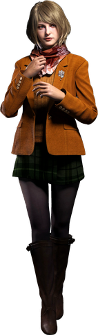 the image shows ashley graham from resident evil. she is wearing a brown blazer, a plaid skirt, tights, and brown boots. she also has a scarf around her neck.