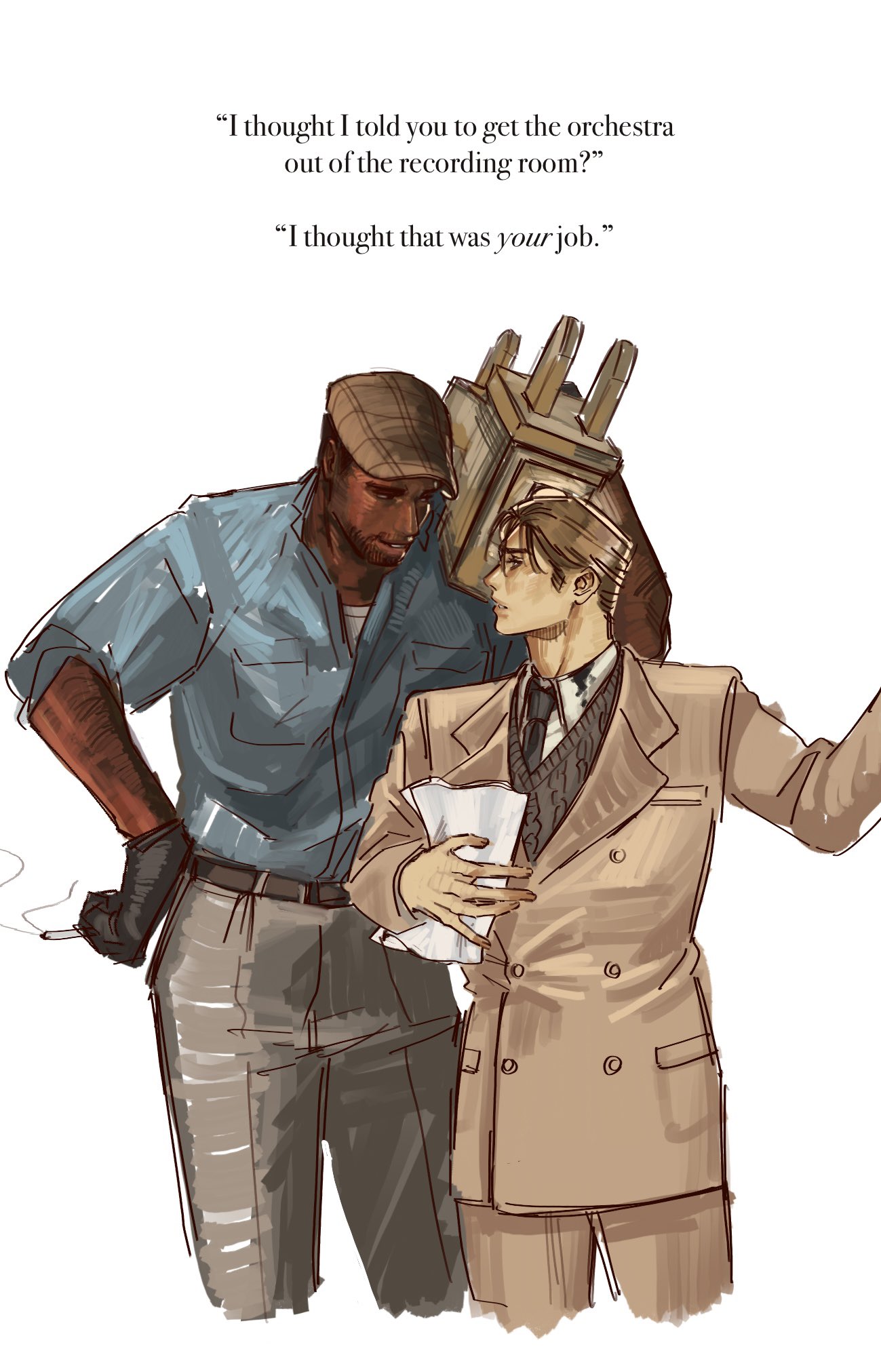 two men are in a casual outdoor setting. the man on the left is black and has a beard and a hat. he's also wearing a blue shirt and khaki pants. the man on the right is white and is wearing a brown coat and a tie. he is holding a piece of paper.  there are speech bubbles above them, implying they're arguing.  the man on the left looks angry while the man on the right is calm but confused. the man on the left is holding a cigarette.