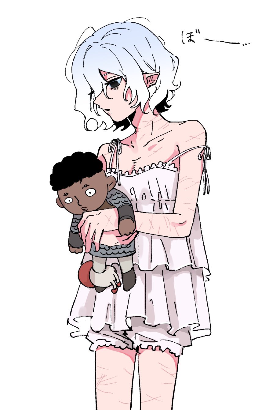 the image is a drawing of a young animestyle girl with pale skin and short, lightblue hair. she is wearing a white, frilly nightgown and has many visible scars on her legs and arms. she is holding a darkskinned doll. the girl has a sad expression and her eyes are downcast.  the overall mood of the illustration is melancholic and suggests themes of vulnerability and possible selfharm or trauma. a speech bubble with japanese characters adds to the narrative.