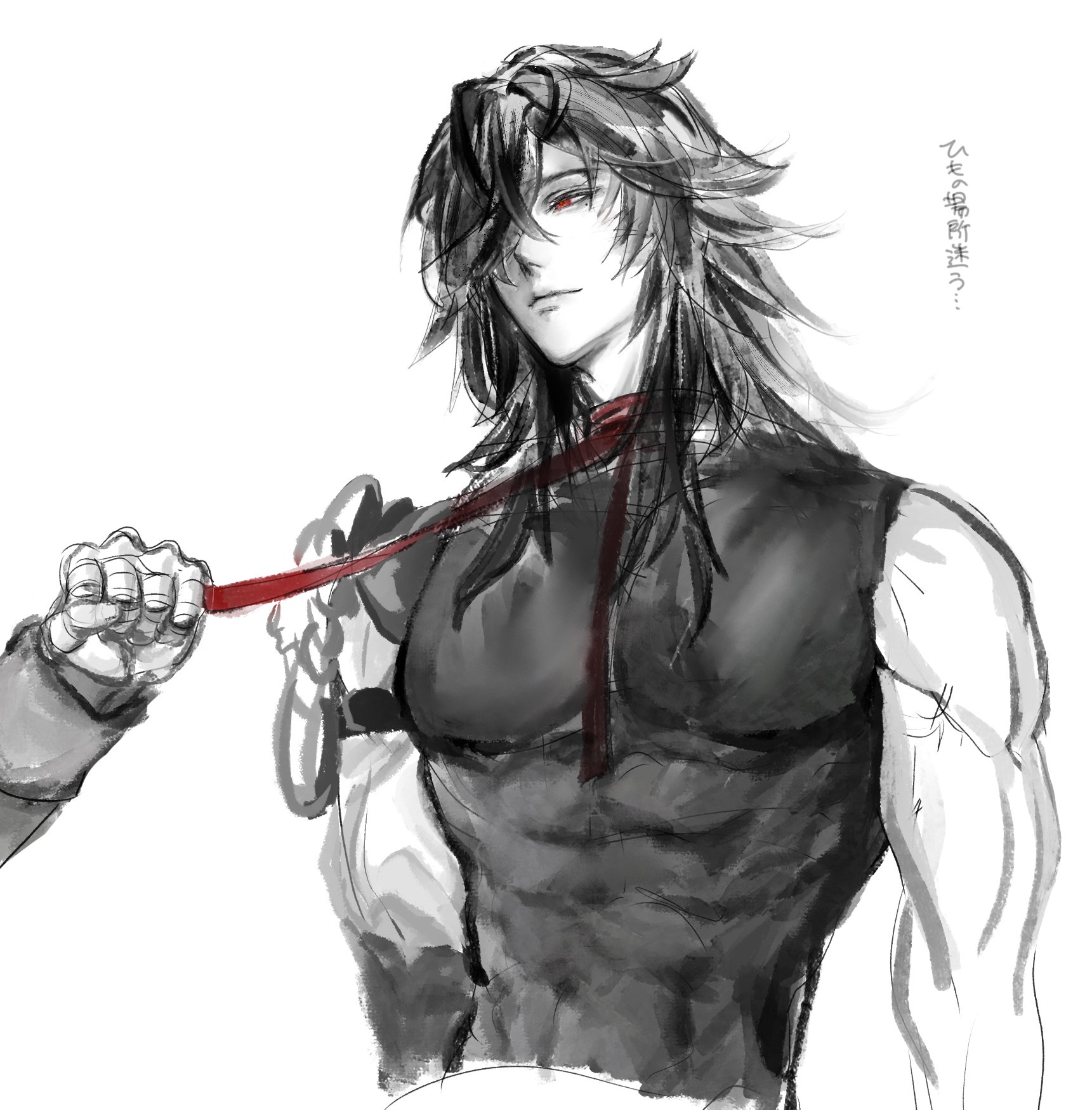 this is a digital illustration of an anime character with black hair and eyes. he is wearing a sleeveless black shirt and a red ribbon around his neck. he is standing with his arms crossed and looking confident. the character is drawn in a style that is both realistic and stylized. the background is white, which helps to highlight the character's details. the overall tone of the image is dark and moody, but there is also a sense of strength and power.
