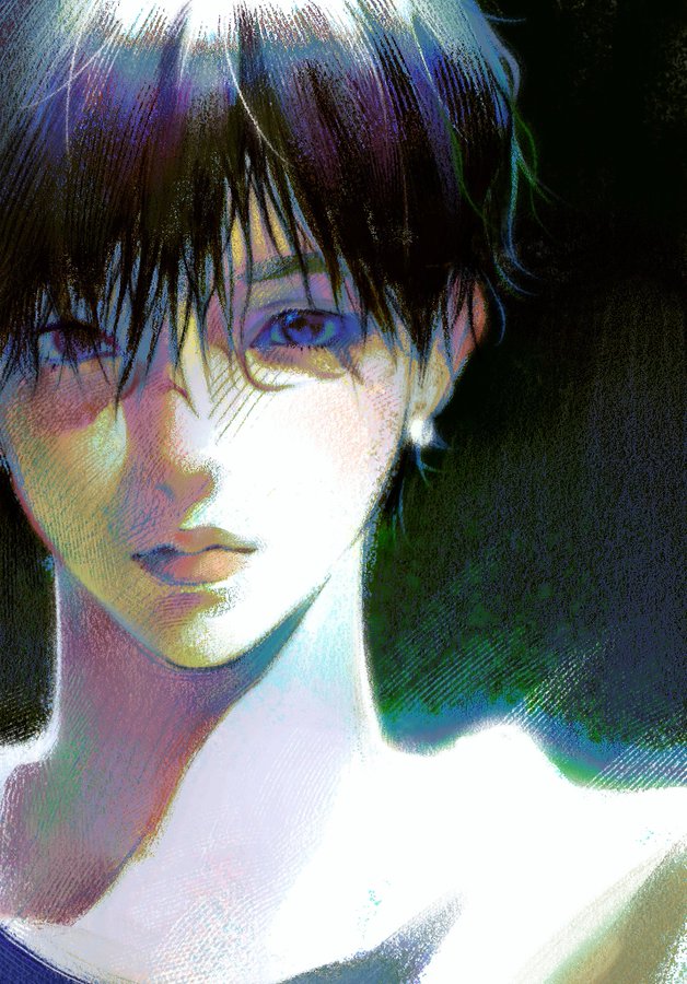the image is a stylized digital painting or illustration of a young animestyle male character.  the portrait is a closeup, focusing on his face and upper shoulders. he has dark, somewhat messy bangs that partially obscure his forehead. his expression is calm and somewhat melancholic. the overall style is painterly and slightly abstract, with visible brushstrokes and a textured quality.  the color palette is vibrant, with hues of purple, blue, green, and yellow predominantly used. the background is dark and indistinct, drawing focus to the character.  there's a slight ethereal or dreamlike quality to the artwork. he appears to have a small earring in his right ear (viewer's left).