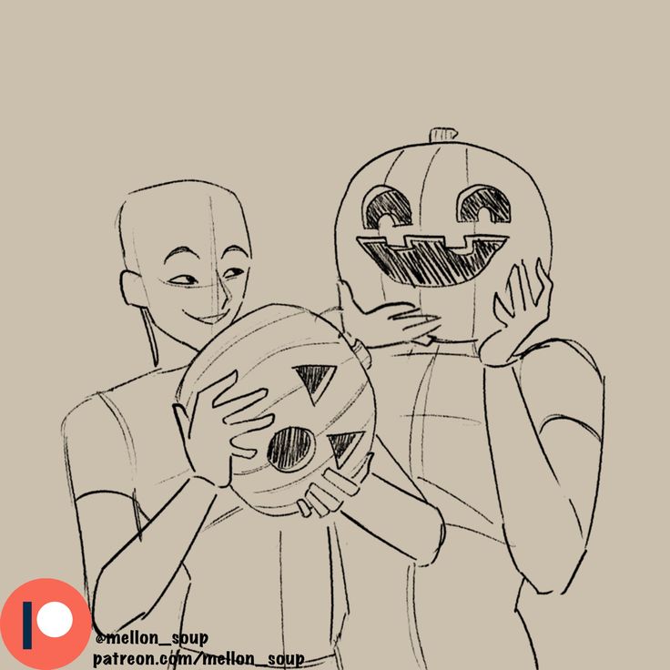 a black and white sketch of two friends, one male and one female, holding jackolanterns in a drawing style reminiscent of a doodle. they are smiling and look happy. the drawing is simple with only outlines.  the background is a light brown color.