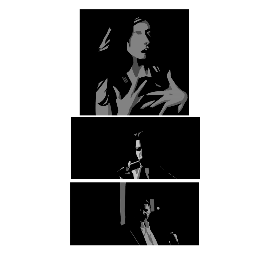 the image consists of three black and white panels stacked vertically. the top panel shows a woman with long hair, singing with her eyes closed and hands raised. a spotlight illuminates her from above. the middle panel, from a low angle, shows the silhouette of a man in a suit looking up. the bottom panel shows the same man from a similar angle, but zoomed in slightly, with his gaze directed at the viewer.  the overall scene suggests a performance, likely a concert, with the man captivated by the woman's singing.