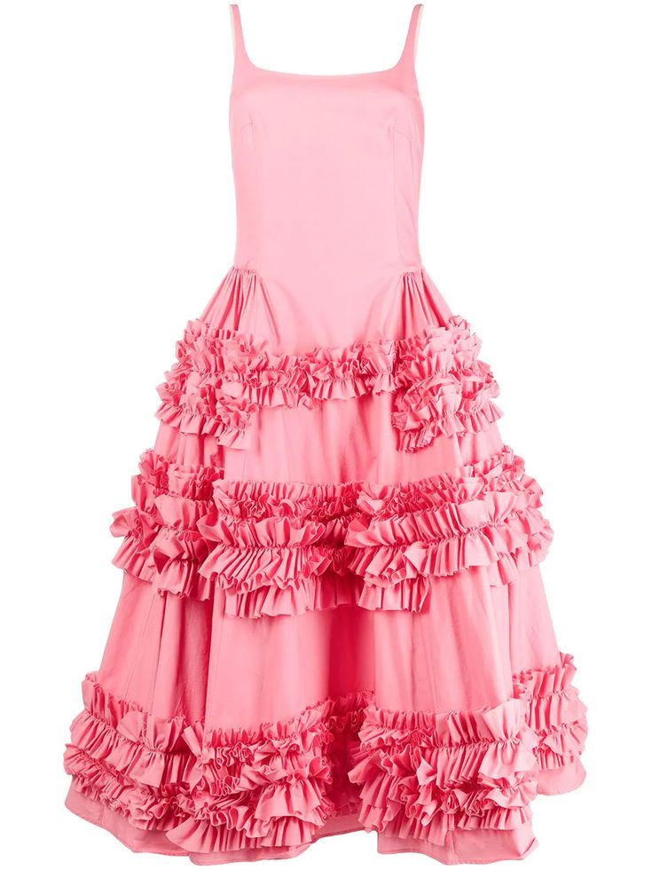 a pink midi dress with ruffles on the skirt. the dress has a sleeveless bodice and a full skirt.