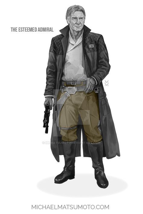 this is a digital painting of the iconic star wars character han solo, depicted as a rebel admiral. he is wearing a black coat over a white collared shirt, olivegreen pants with a belt, and dark boots.  he's also carrying a blaster pistol in his left hand. the background is plain white, highlighting the subject. the title “the esteemed admiral” is displayed above the illustration.