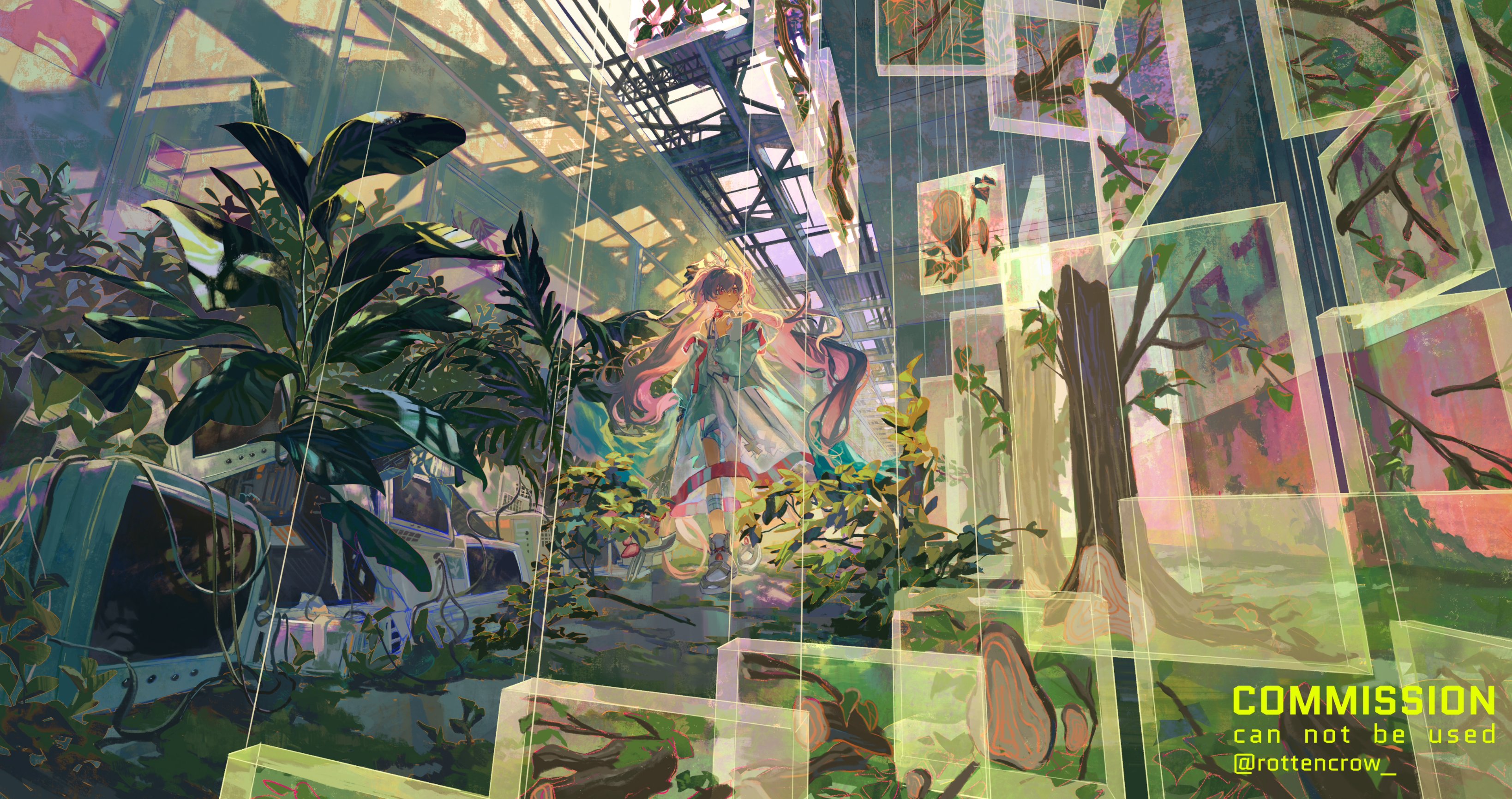 a digital painting of an anime girl with pink hair standing in a fantastical, ethereal forest. the girl is surrounded by  trees and plants. she is wearing a light blue dress with  pink accents. the artwork has a dreamy, magical feel.  the background is full of colorful geometric shapes and textures, evoking the sense of a dreamscape.