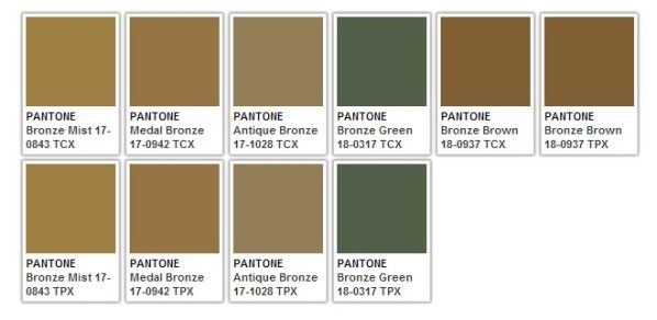 the image displays a set of pantone color swatches, featuring various shades of bronze and green. each swatch is labeled with its specific pantone name and code, including bronze mist, medal bronze, antique bronze, bronze green, and bronze brown. the swatches are arranged in two rows, with tcx and tpx versions of each color included.