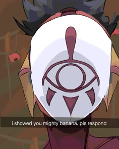a cartoon character with a large white mask covering their eyes, the mask has an allseeing eye design. the character appears to be male, with dark brown hair and a red shirt. the background is blurred and appears to be inside a building or a room with a wooden floor. the character has a mischievous expression, suggesting they are a mischievous and playful character. the image is stylized and has a comic book art style. the character appears to be from an anime or cartoon.
