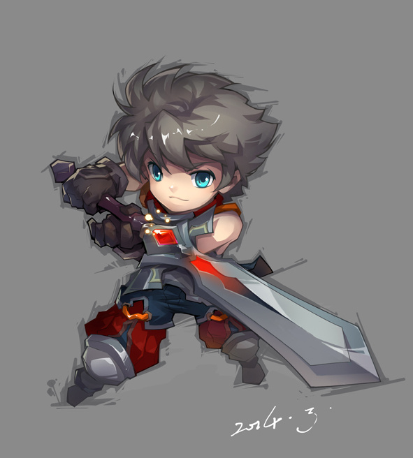 this is an anime style illustration of a young warrior holding a sword. he's wearing a red and black outfit, and his hair is a light brown color. the background is a light gray color.  the art style is stylized, and the illustration is done in a sketchy style. the character is depicted in a dynamic pose, and there is a sense of movement in the image.