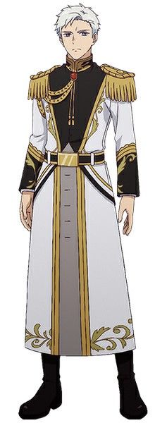 the image features a young male anime character with white hair and blue eyes. he is wearing a white outfit trimmed in gold, with a black sash around his waist. he has a serious expression on his face, and he is looking directly at the viewer. he is standing with his hands at his side. his outfit suggests that he is of royal lineage. he is likely a prince or other highranking noble.