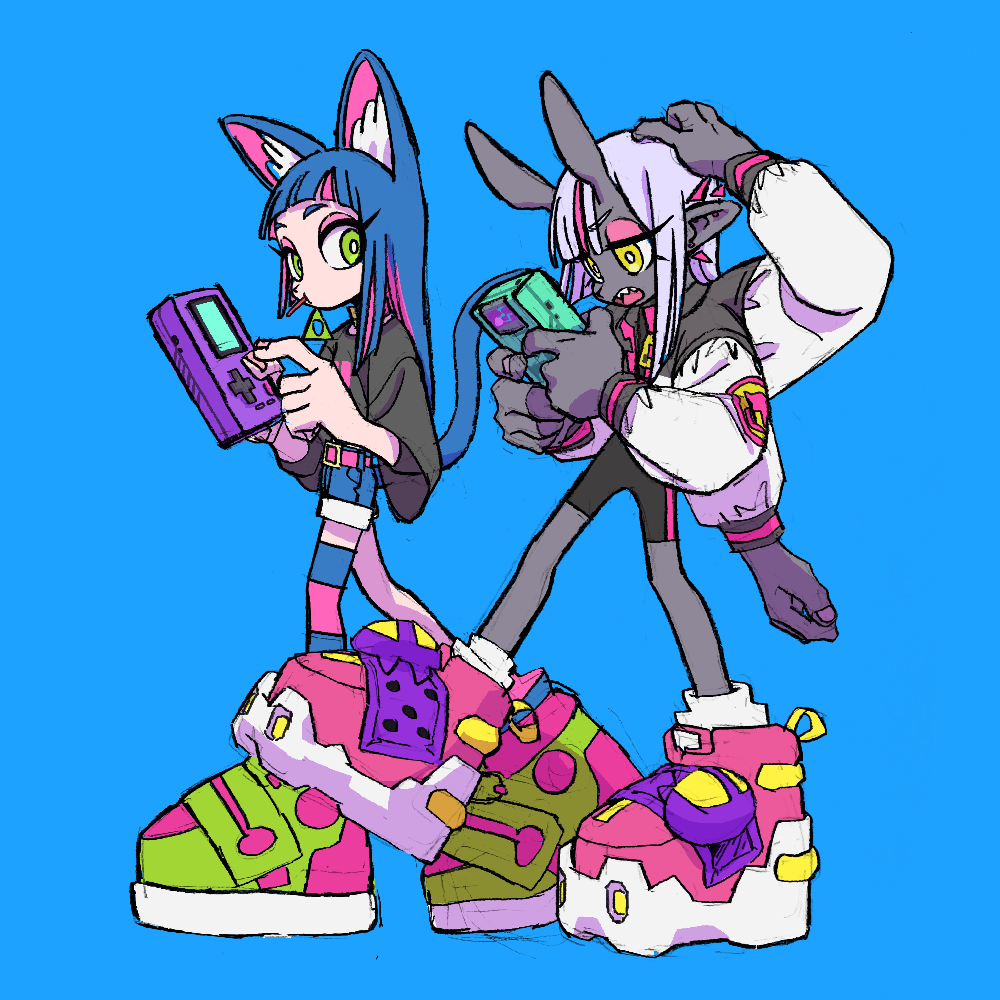 two characters, one a bluehaired cat girl and the other a whitehaired demon girl, are depicted from the knees up in a stylized and dynamic pose. both characters are dressed in trendy streetwear fashion. they wear bold and colorful outfits that combine elements of 90s fashion with a futuristic edge. the cat girl, on the left, sports a pink and blue color scheme, with a black dress layered over a white shirt, kneehigh socks, and chunky platform sneakers adorned with colorful accents. the demon girl, on the right, rocks a black, white, and pink ensemble. her outfit consists of a black jacket with white sleeves and a pink collar, black shorts, and chunky sneakers with pink and purple details. both characters hold handheld game consoles, engrossed in their digital worlds. the cat girl's console is purple, while the demon girl's is green. the background is a vibrant blue, providing a striking contrast to the characters' colorful outfits and adding to the overall energy of the illustration.