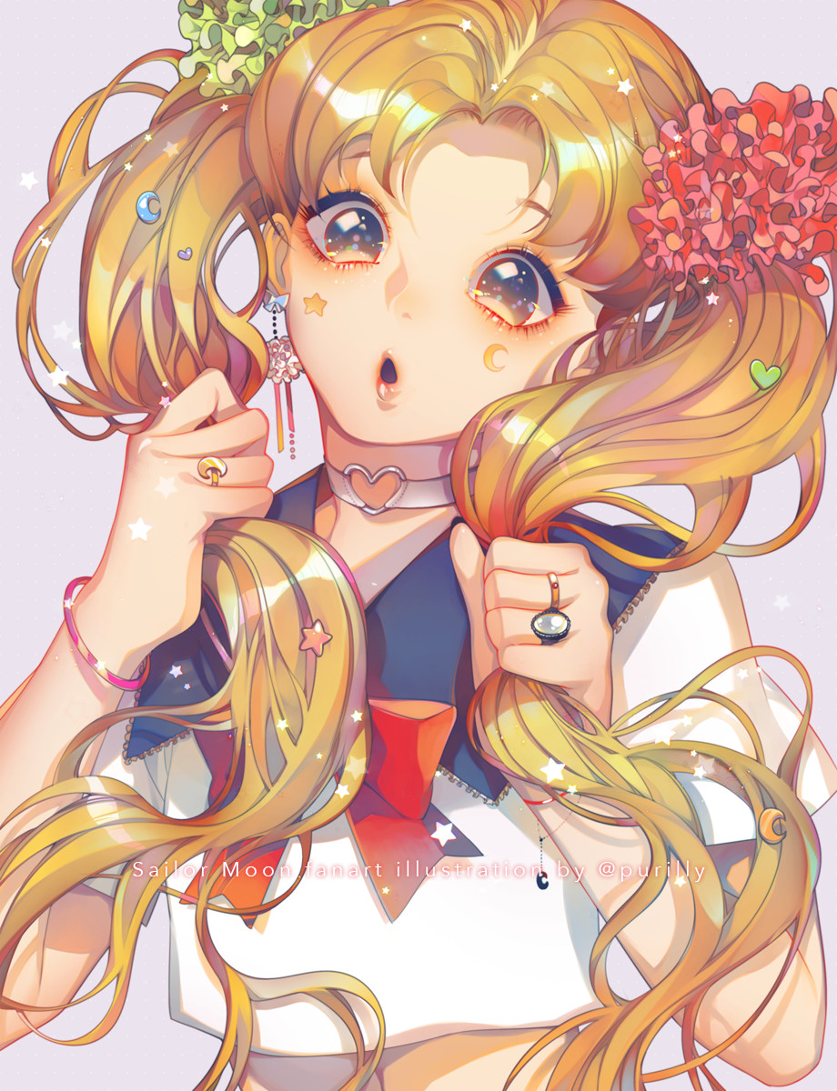 a close up illustration of sailor moon, the main character from the anime series sailor moon. she is in her sailor uniform and has her blonde hair styled in pigtails. she is looking up with a surprised expression on her face. the illustration is done in a bright and colorful style.