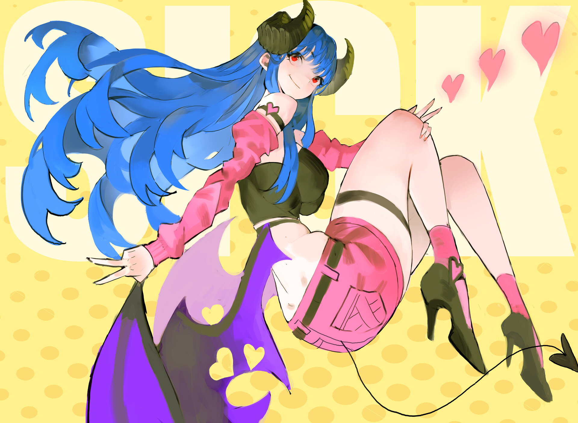 an anime style drawing of a demon girl with blue hair and horns sitting on a yellow polka dot background. she is wearing a pink jacket, black top, and pink shorts, along with thigh high socks and high heels. the drawing includes heart accents and a tail, with the word "sick" visible in the background.