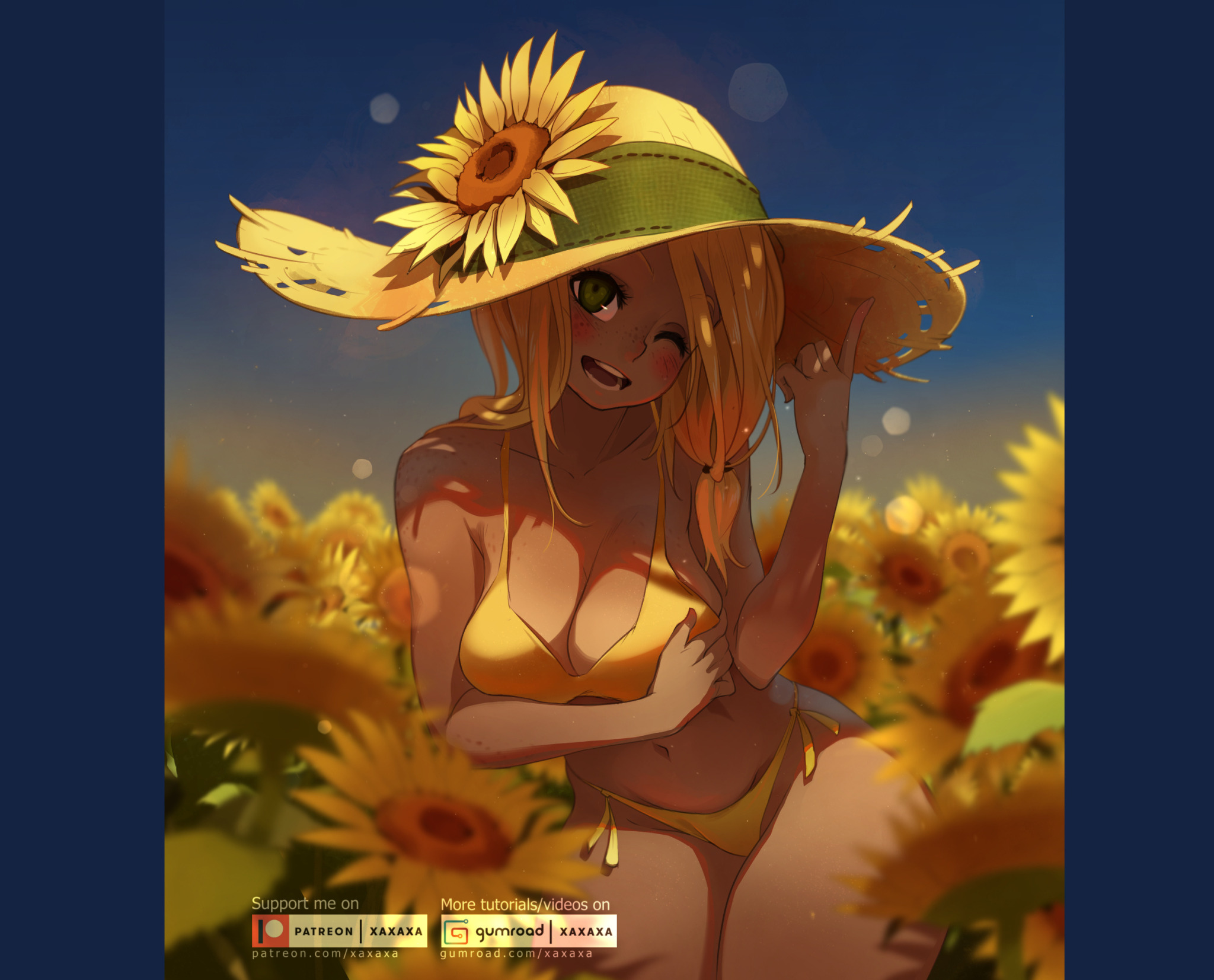 the image features an anime girl with long blonde hair, wearing a yellow swimsuit and a large sunhat with sunflowers on it. she is standing in a field of sunflowers, smiling and winking at the viewer. the image is drawn in a colorful and vibrant style, with soft shading and highlights. the background is a soft gradient of yellow and blue, suggesting a summer sunset. the overall impression of the image is one of happiness and joy.