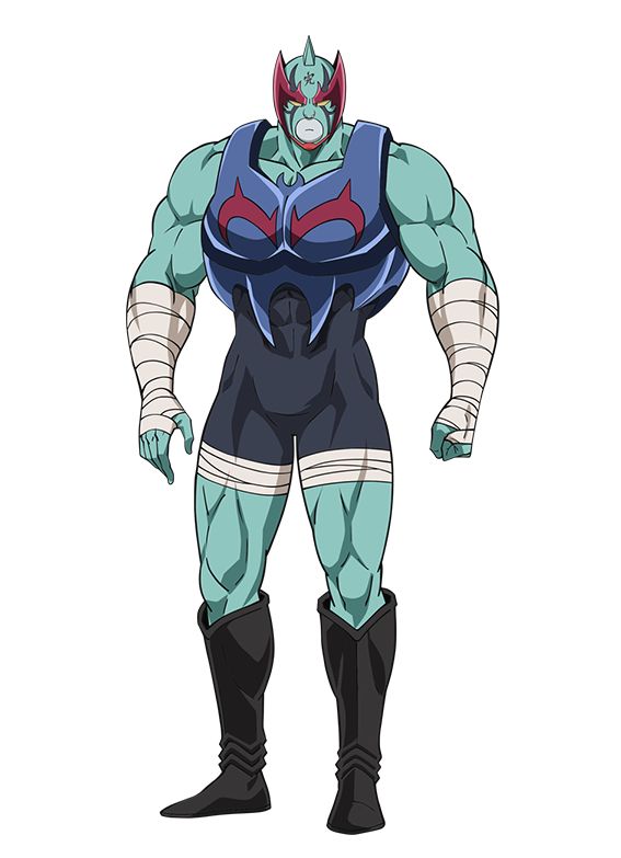 this is a full body image of a male anime character who is wearing a dark blue and red suit with black boots and has green skin. the character has a red mask with blue eyes and horns on the top. the character is standing with his legs together and his arms slightly bent at the elbows. he is looking forward. the background is white.