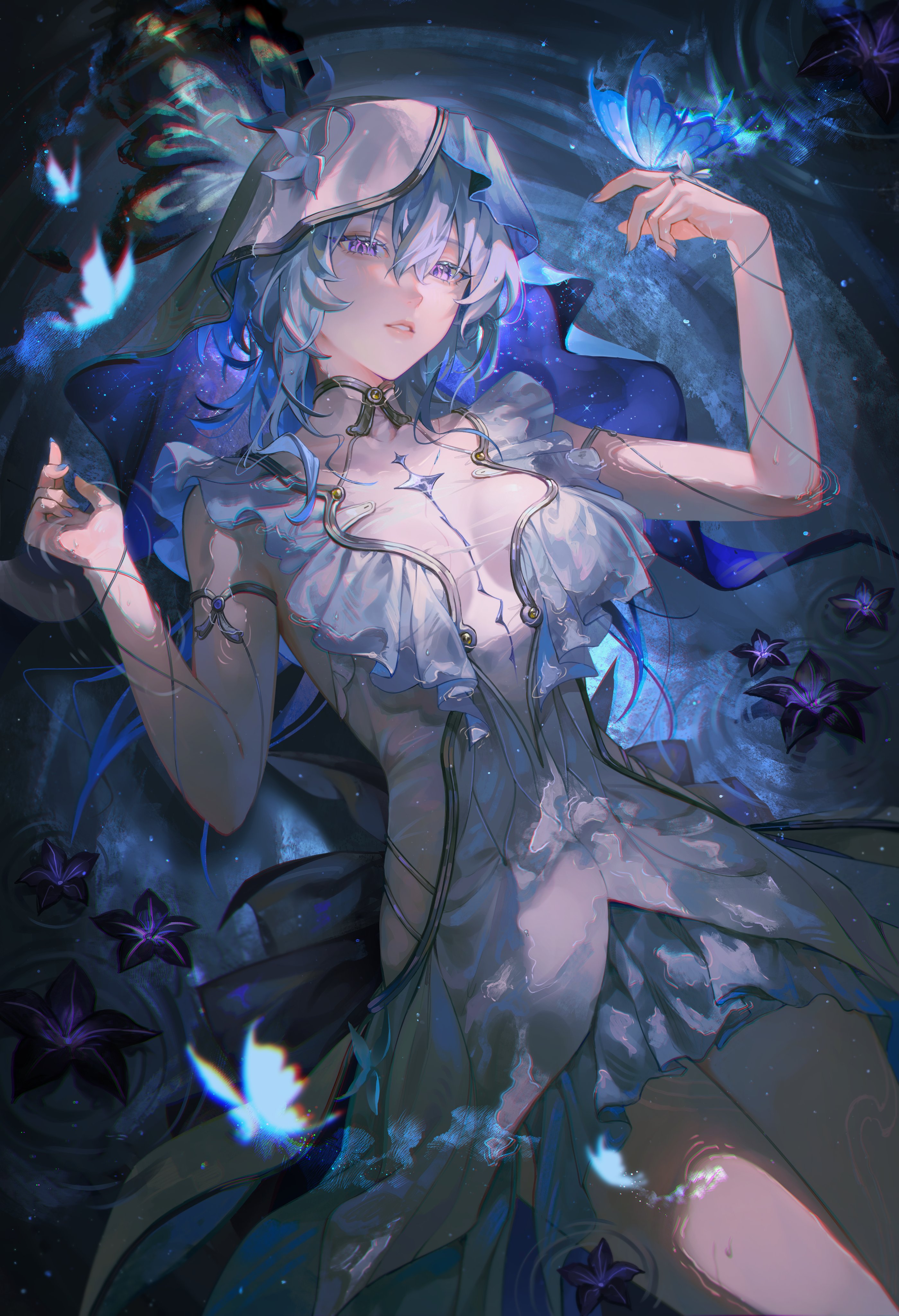 the image is a digital artwork depicting an animestyle girl with long, flowing blue hair. she wears an elegant, white, sheer dress with ruffled detailing and a hooded cloak.  she is surrounded by glowing blue butterflies and dark purple flowers, creating a dreamy, mystical atmosphere. the background is a dark, swirling pattern that complements the ethereal quality of the scene. her expression is serene, and her pose is graceful. the overall style is fantasyoriented with exquisite attention to detail in the character design and the surrounding environment. the lighting and color palette emphasize the dreamlike mood of the illustration.