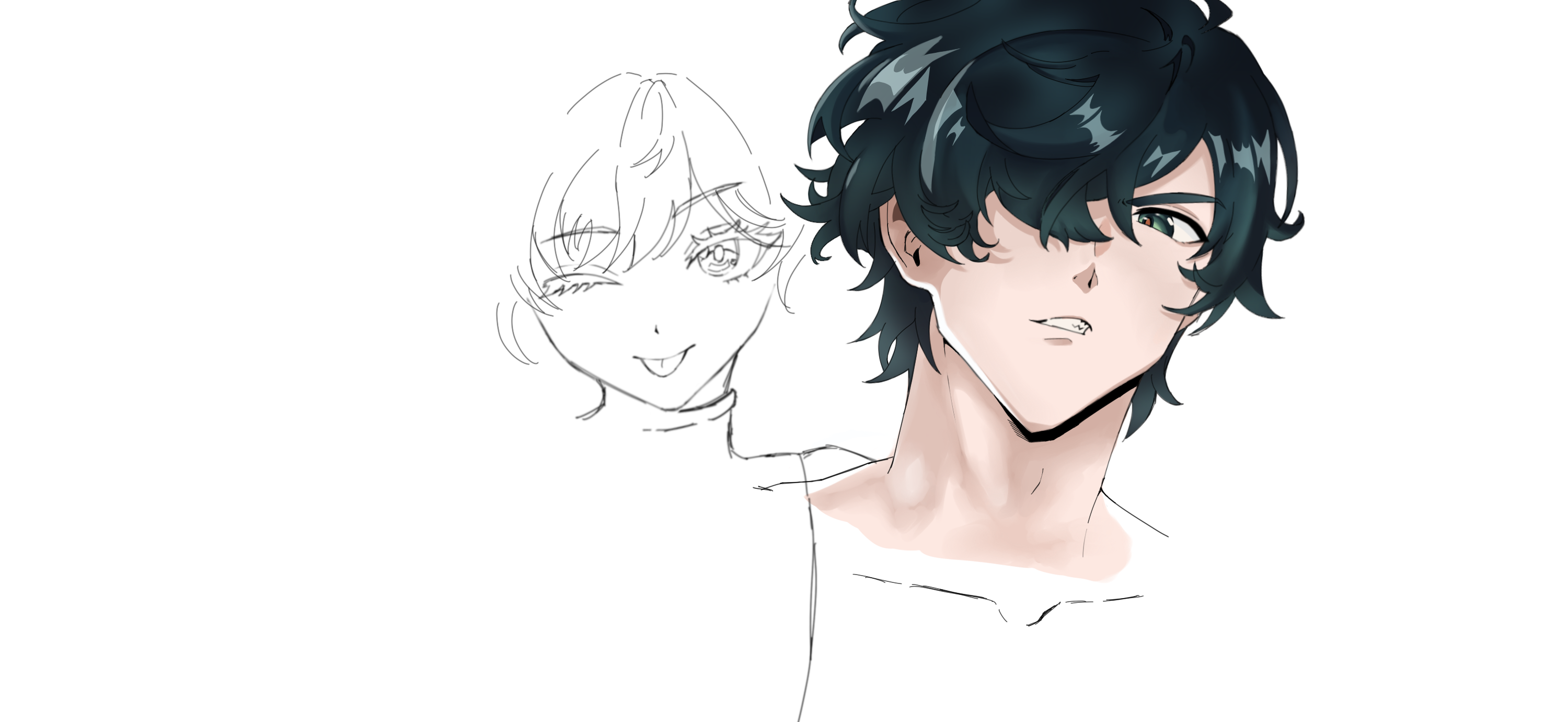 he image shows a work in progress of an animestyle male character illustration. on the left side, a sketch of a female character’s face is visible, presumably a different character or a reference.  the main focus is the male character on the right, depicted in a more fully rendered style with detailed hair, shading, and coloring. his expression is a smirk, almost mischievous, and one of his eyes is partially hidden by his hair. the artwork is clean and exhibits a smooth, polished aesthetic typical of digital anime art. the contrast between the sketchy female face and the highly detailed male character suggests a process of creating the final art.