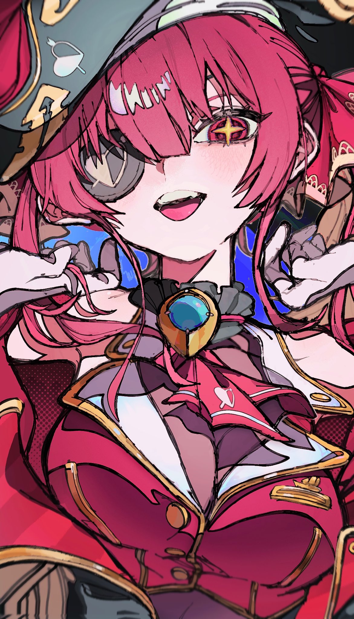 a close up of an anime girl with long red hair, red eyes, and a mischievous smile wearing a black pirate hat, a red and white pirate jacket, and a blue jeweled necklace. her eyepatch is partially covering her right eye, giving her a mysterious and alluring look.  the image is a colorful, digital drawing in a japanese manga style.