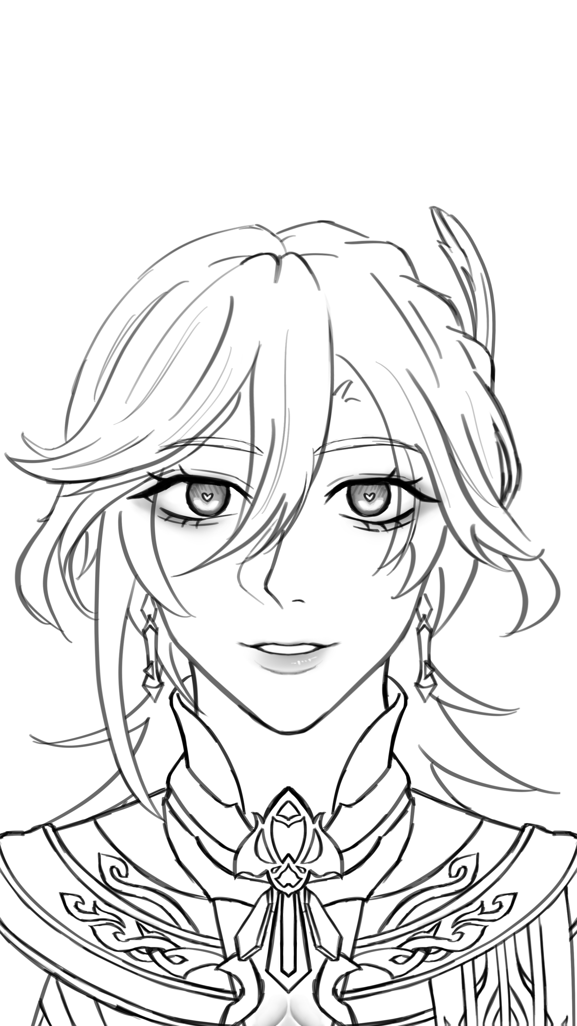 a black and white line art drawing of the video game character xiao from genshin impact. the drawing is from the chest up and shows the character looking directly at the viewer.