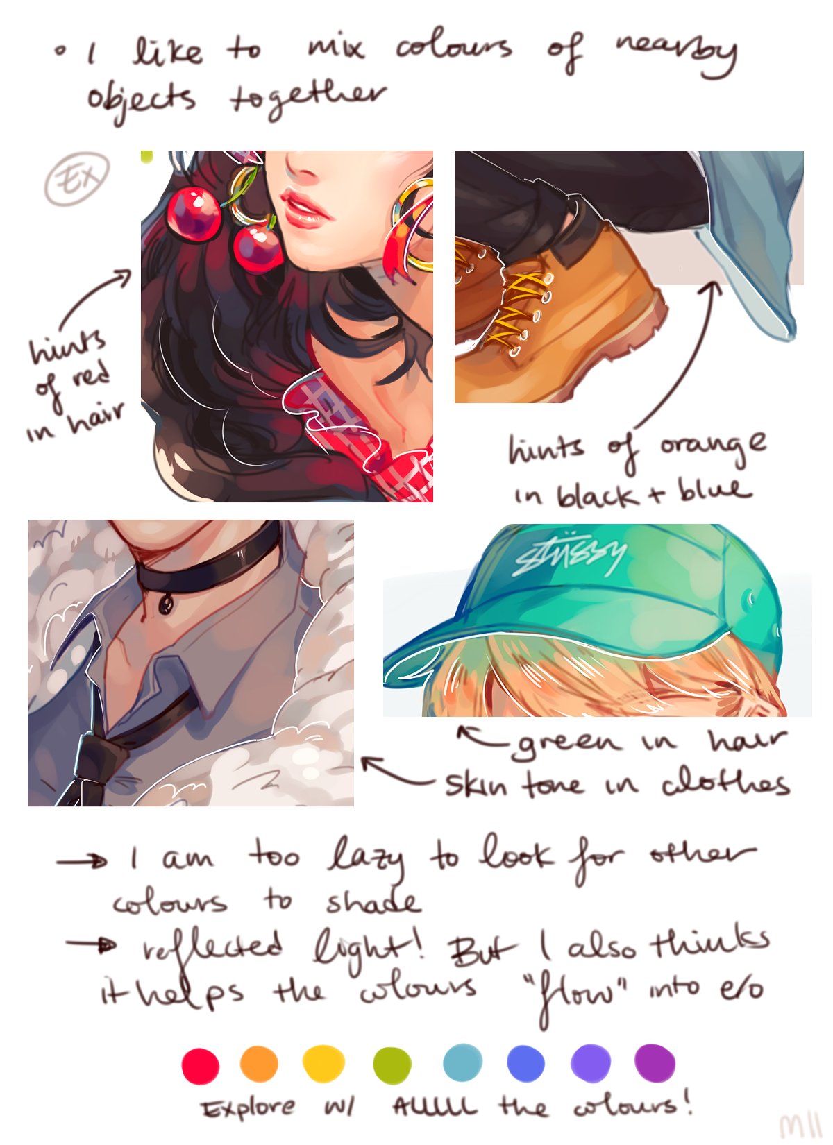 the image is a digital art tutorial showing how to mix colors of nearby objects to create a more cohesive and interesting illustration. it features four examples of how to apply this technique, focusing on incorporating hints of color from surrounding elements into hair, skin, and clothes. the tutorial also emphasizes the use of reflected light to enhance color flow and encourages exploration of various color combinations.