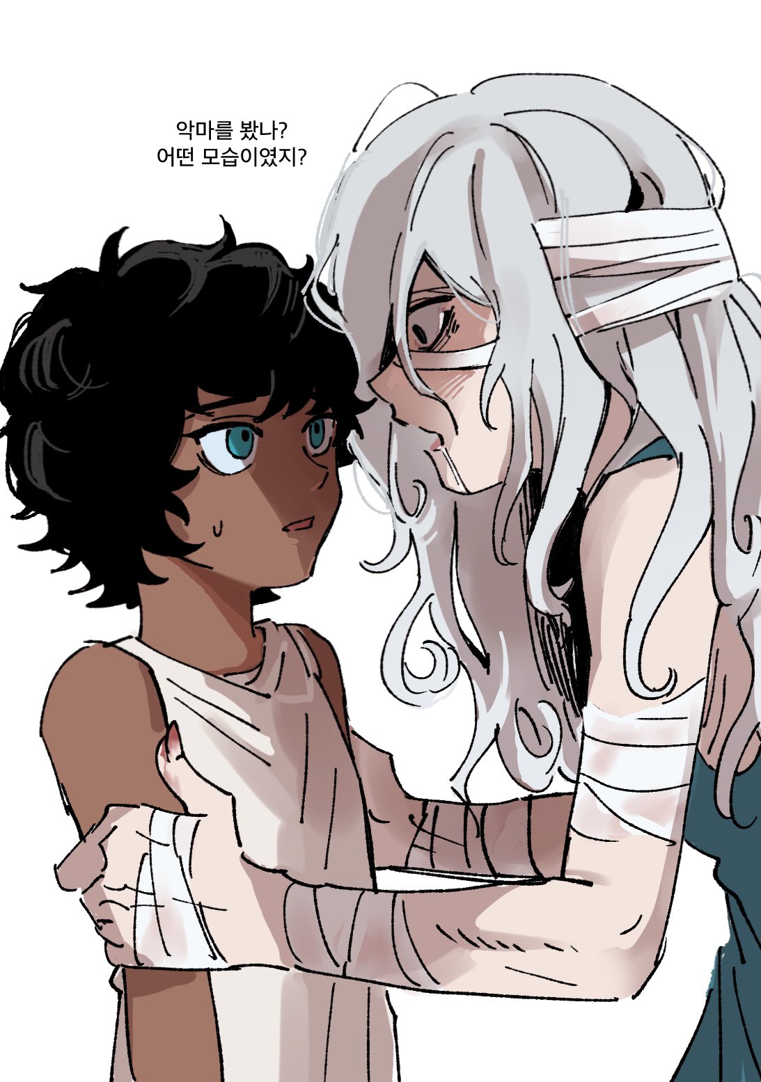 the image is an animestyle illustration depicting a tender moment between two characters. a young boy with dark skin and short, dark hair is embraced by an older woman with pale skin and long, flowing white hair. both characters are bandaged, suggesting they may have been injured.  the woman's expression is one of concern or worry as she holds the boy close.  korean text is visible near the top of the frame, possibly dialogue. the art style is expressive and emotional, focusing on the characters' connection. the overall mood is one of vulnerability and care.