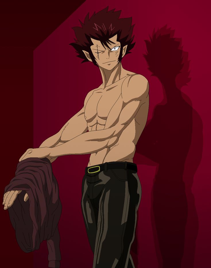 this is a digital illustration of an anime man. he is shirtless, showing off his muscular physique and six pack abs. he is wearing black pants with a belt. he is standing in front of a red wall, casting a shadow behind him. he is looking at the camera with a confident and mysterious expression. the illustration is dark and edgy, with a cool and stylish vibe.
