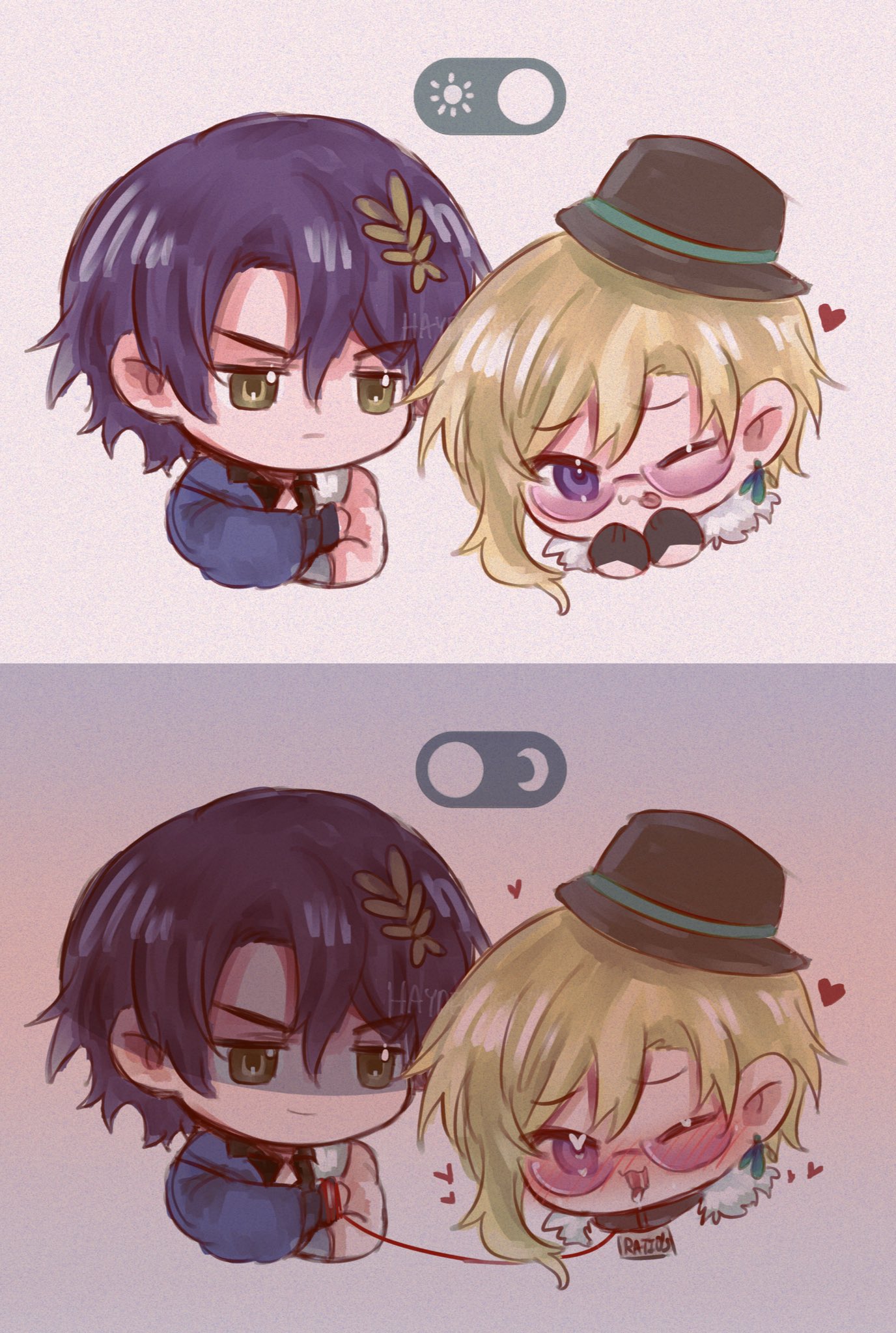 this is a digital art piece showing two anime characters in chibi style. both characters are in love and connected by a red string of fate, which signifies a romantic relationship. the characters appear to be enjoying each other's company. the drawing is detailed and conveys the theme of love in a cute and playful manner.