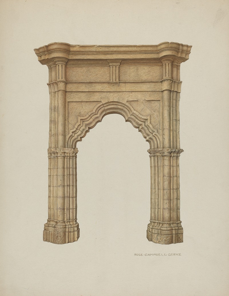 the image shows a drawing of a stone archway. the archway is made of tan stone and has two columns on either side. the arch itself is ornate and has a scalloped edge. the drawing is detailed and shows the texture of the stone.