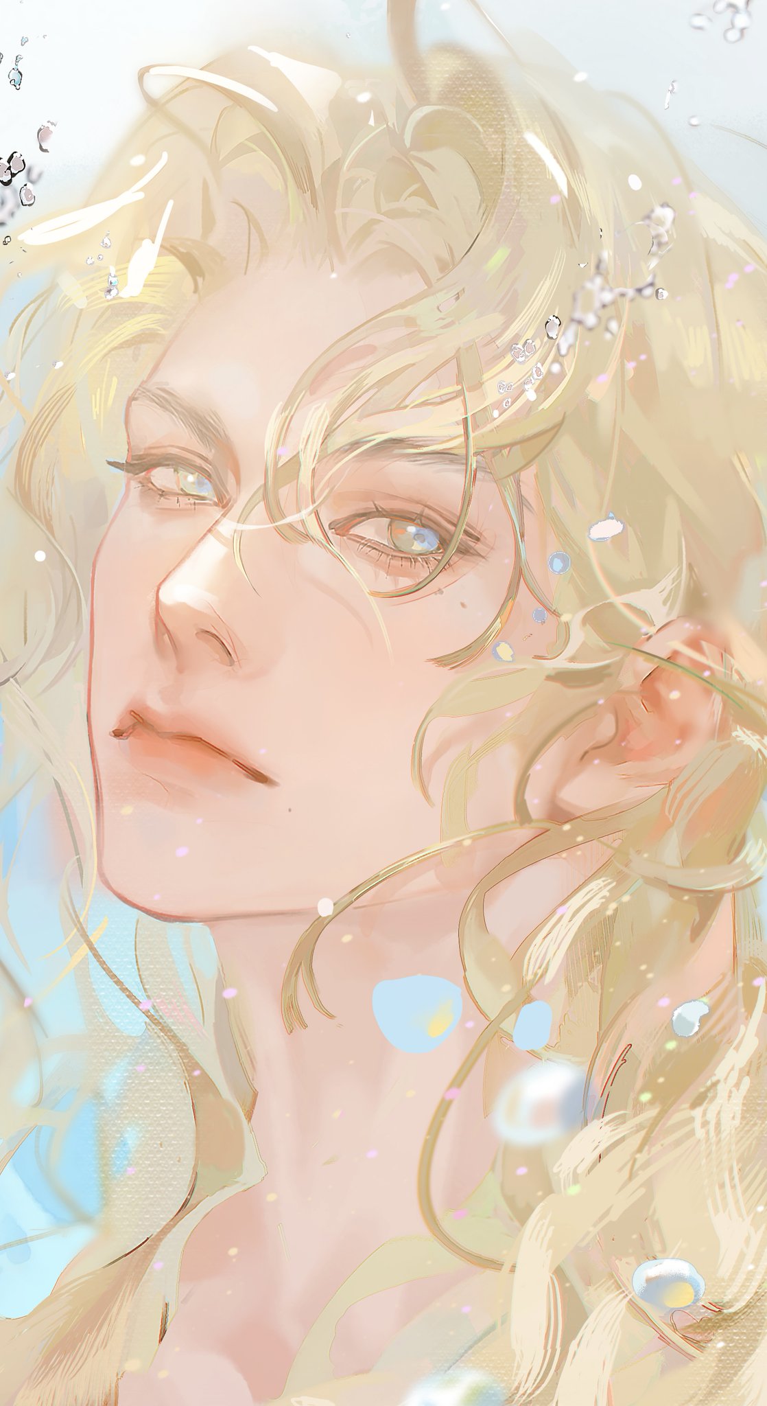 a portrait of a handsome anime boy with long blonde hair and blue eyes. he looks like a prince or a magical being, and the image has a dreamy and ethereal feel. the water around him is sparkling and iridescent.