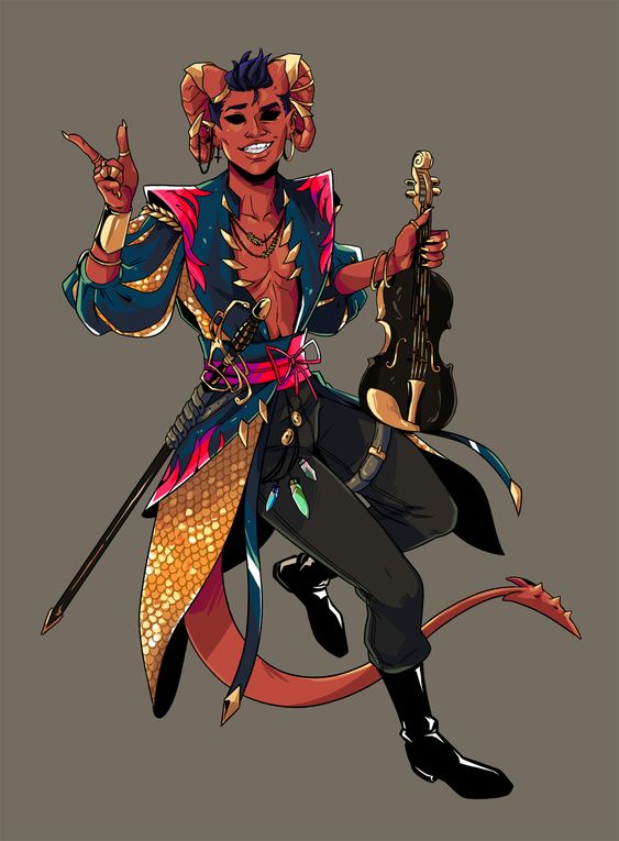 a brightly colored illustration of a male tiefling bard, posing with a violin in hand. he has red skin, dark hair, and curling horns, and is dressed in an elaborate doublet with scalepatterned fabric and a flowing, open jacket.  a rapier hangs at his side.  his tail curls out from under the hem of his jacket. the background is a solid taupe color.