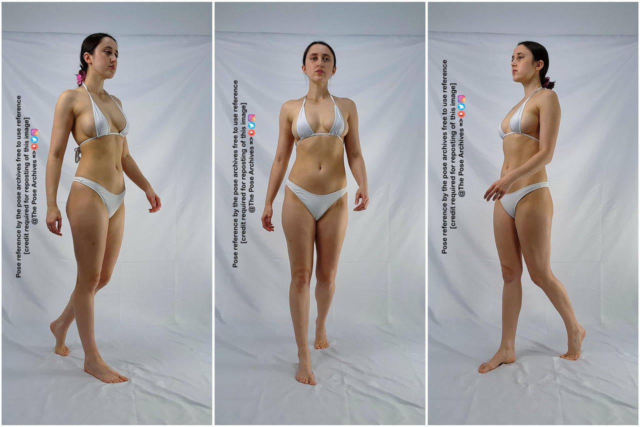 a young woman in a white bikini is standing in front of a white background, facing the camera. she has long, dark hair and is wearing a neutral expression. the image is a pose reference and is free to use with credit to the creator.
