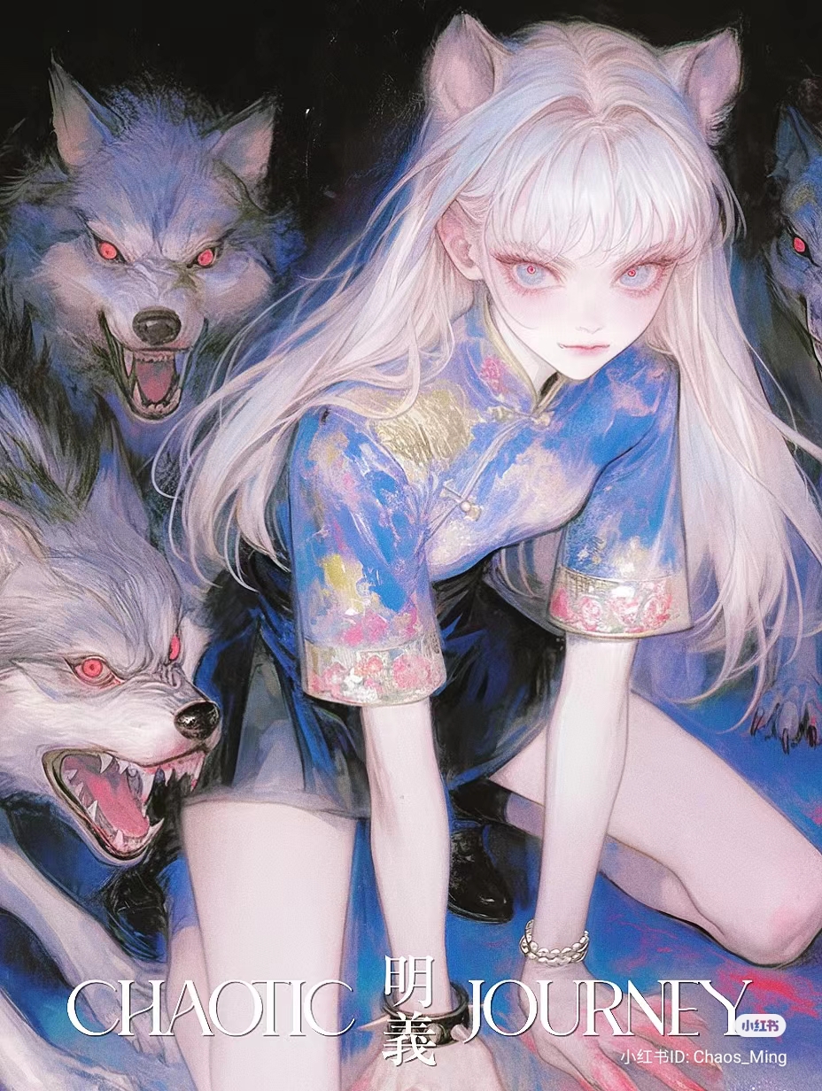 the illustration features a young woman with flowing silver hair and wolflike ears. she is crouched, wearing a blue, floralpatterned top and a dark skirt. surrounding her are three menacing wolves with glowing red eyes. the background is a dark, smoky blue, creating an ethereal and slightly menacing atmosphere. the lighting is soft, casting subtle shadows on the woman's face and the wolves' fur.