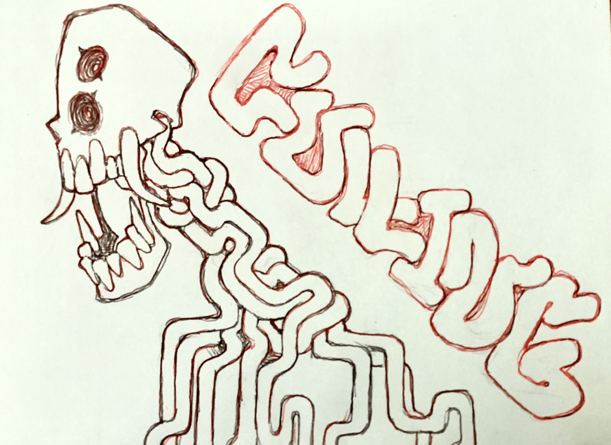 this is a drawing of a skull with tentacles for a spine. the tentacles are drawn as a continuous line maze.  to the right of the skull is the word "future" drawn in a graffitilike font. the word and part of the skull are drawn in red ink, and the rest of the image is drawn in black ink.