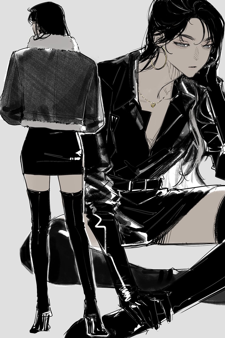 he image contains a stylized illustration or drawing of two animestyle female figures.  one figure is shown from the back, wearing a short, fluffycollared jacket and a black leather miniskirt with tall black boots. the other figure is shown from the front and side, wearing a long black leather jacket, a similar miniskirt, and tall boots,  and a necklace. both women have dark hair and are depicted with a fashionable, somewhat edgy aesthetic. the art style is loose and expressive, employing shading and linework to create depth and texture. the overall color palette is predominantly black and gray.