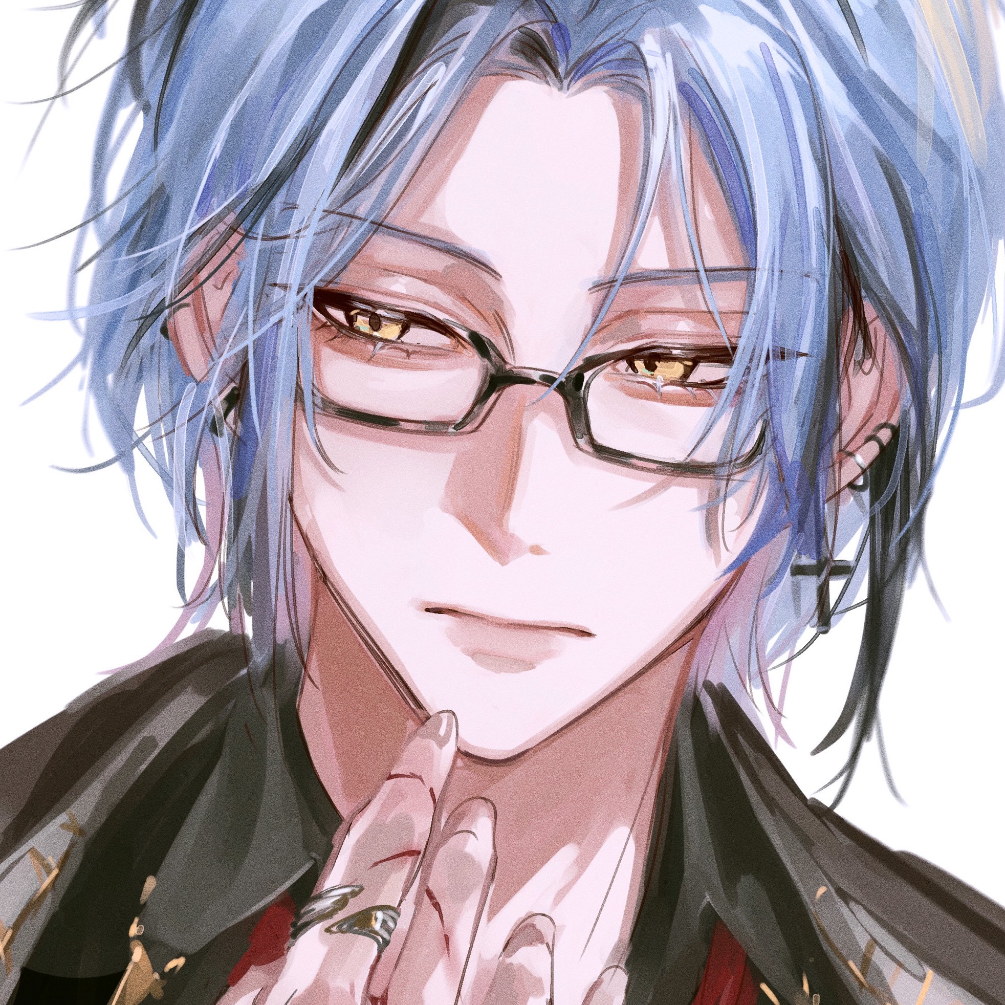 a portrait of a handsome anime boy with blue hair wearing glasses, earrings and a black jacket. he is looking at the camera with a soft expression. the art style is digital and has a soft, watercolorlike feel.  the background is a blur of white and light blue.