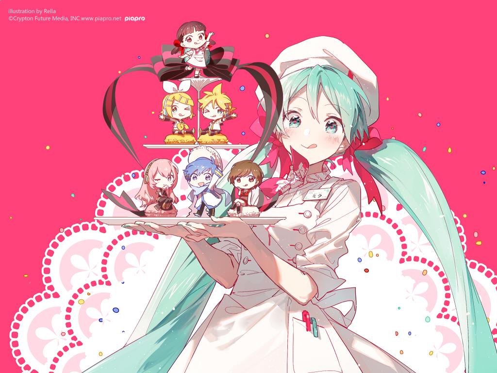 an animestyle image shows hatsune miku in a chef's uniform, smiling and holding a tray of desserts. the desserts are decorated with figurines of other vocaloid characters. the background is a bright pink with white lace patterns and colorful confettilike dots. the top left corner has the text "illustration by rella, ©crypton future media inc, www.piapro.net piapro."