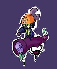a cartoon character wearing a construction hat and goggles holding a wrench is sitting atop a monster's arm made to look like a pipe.  there is green slime dripping from the monster's mouth and a stylized spider and 'splat' underneath.