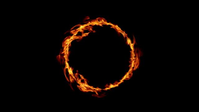 a circle of fire, with flames licking upwards, is set against a black background.  the flames are orange and yellow, and the ring is very distinct.