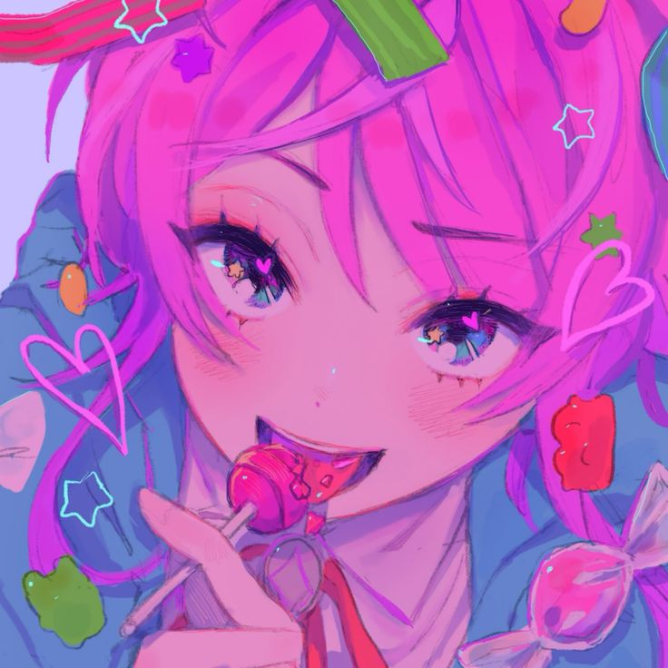 a cute anime girl with pink hair, big eyes, and a bright pink lollipop in her mouth. she is surrounded by hearts, candy, and stars, which creates a cute and vibrant aesthetic.