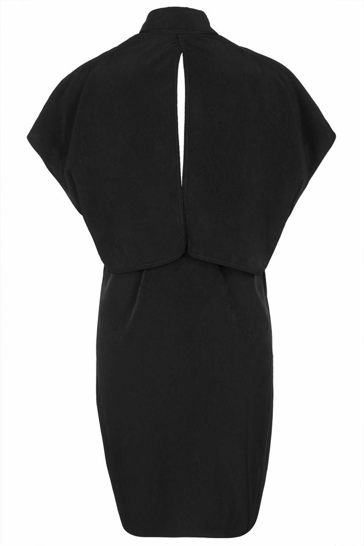 a black short cape dress is depicted in a studio shot. the dress has a high neck and a cape overlay.