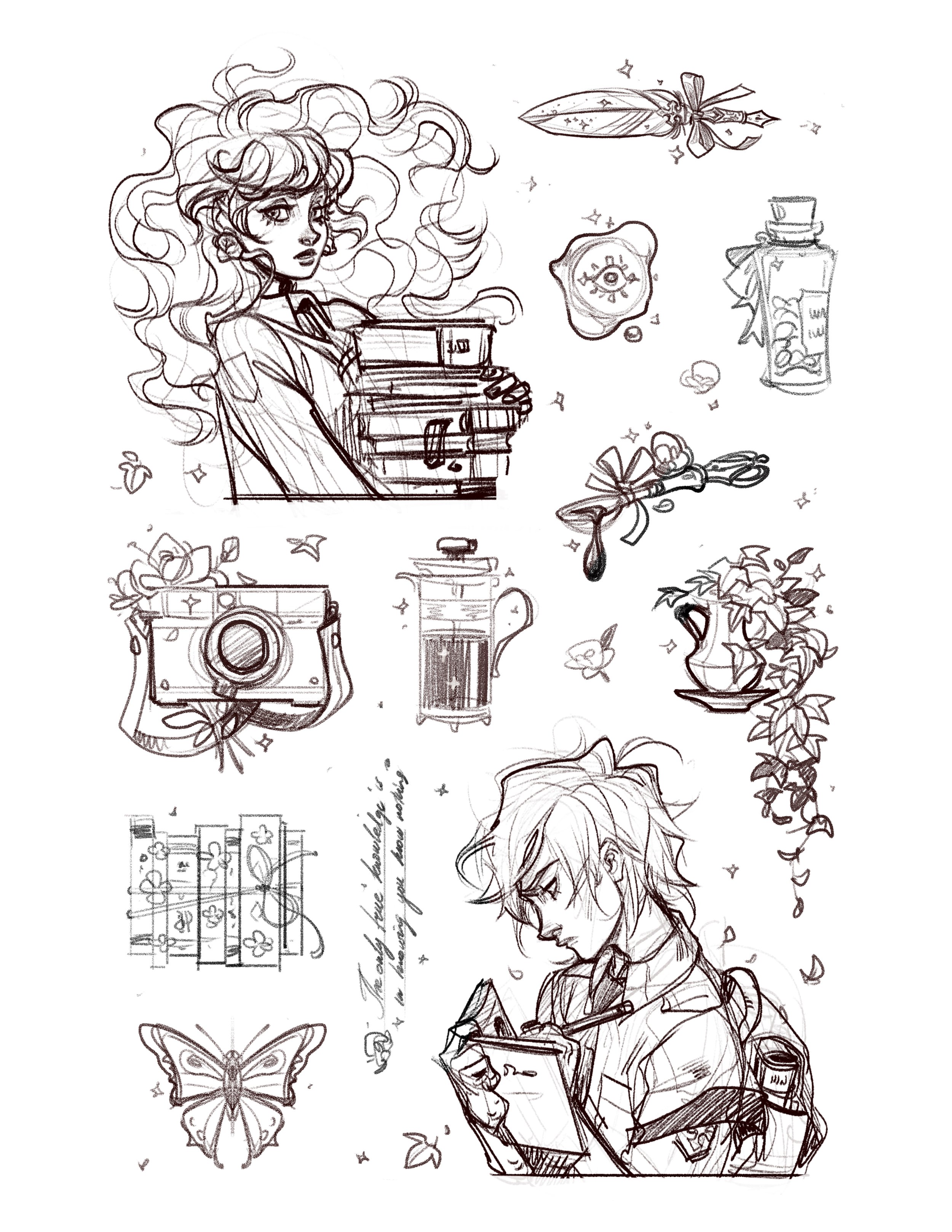 he image contains a collection of whimsical sketches in a consistent style.  these sketches include a woman with long flowing hair surrounded by books, a man reading a notebook, a vintage camera, a coffee press, a potion bottle, a quill and inkwell, a wax seal, a butterfly, and various floral elements. the overall style is romantic and slightly magical, with delicate linework and attention to detail. the sketches are arranged seemingly randomly across the page, suggesting a sketchbook or collection of individual ideas. the style is reminiscent of fantasy art or book illustration.