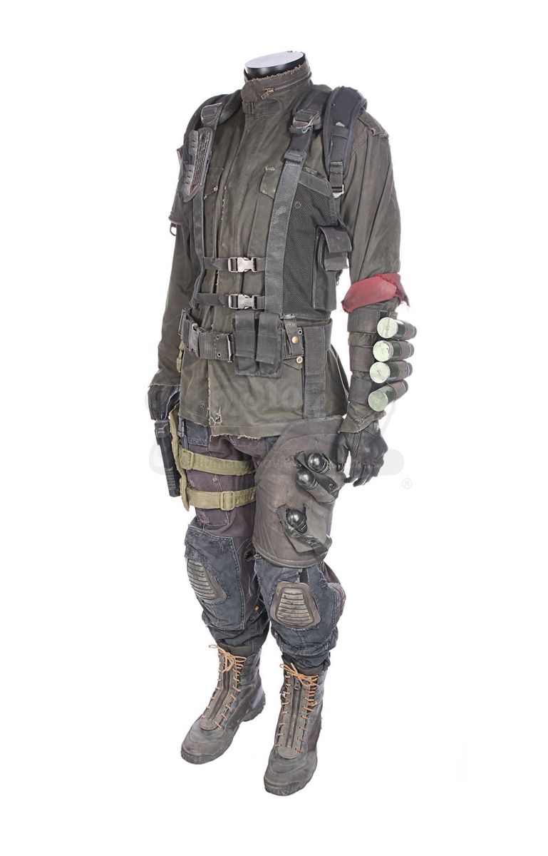 a futuristic soldier or character in a militarystyle outfit, complete with a tactical vest,  a belt with pouches, a backpack, knee pads, and a gun in a holster. the character is posing and ready for battle.