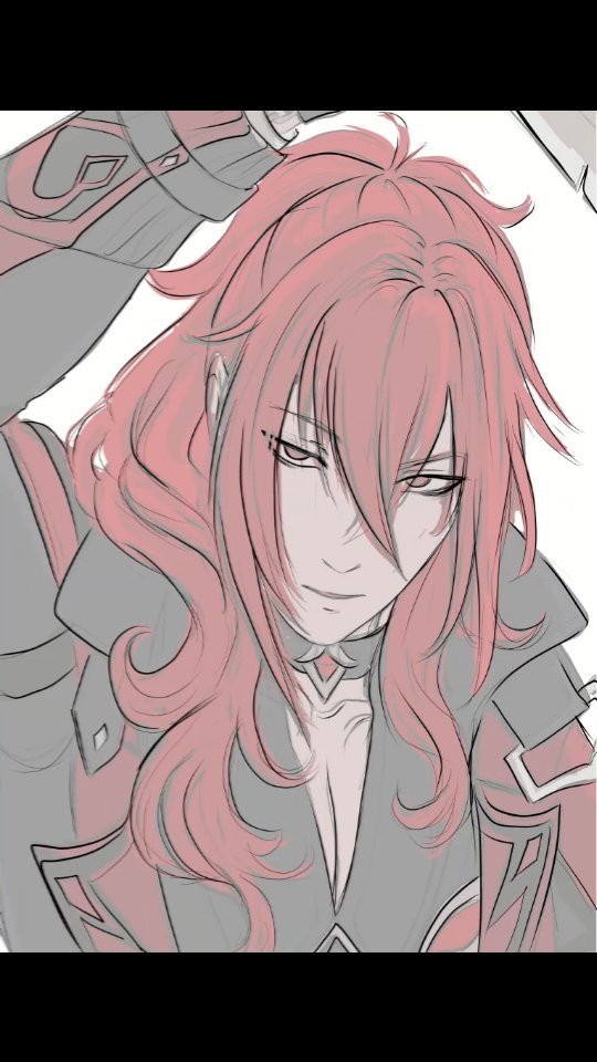 the image is a digital sketch or line art of an animestyle male character. he has long, wavy red hair, partially pulled back, and is wearing a dark gray or grey outfit with some stylized detailing suggesting a fantasy or game character design. the art style is clean and elegant, showing a serious expression on the character’s face. the coloring is primarily a soft pink or peach overlay on a grey sketch. the style seems reminiscent of character designs seen in anime or manga.